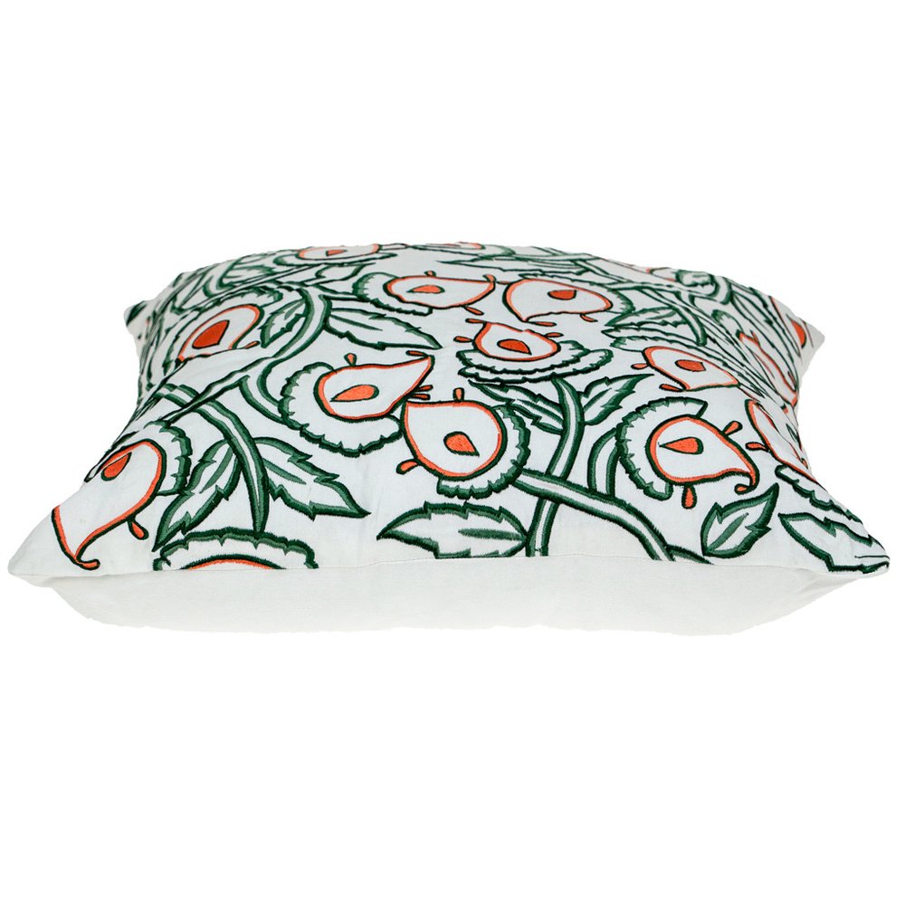 22" Green And White Floral Cotton Throw Pillow with Embroidery — view 3