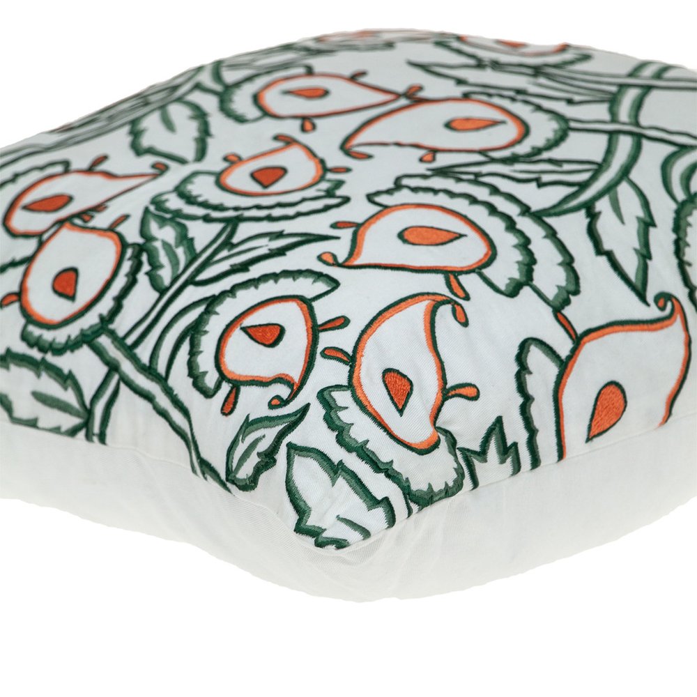 22" Green And White Floral Cotton Throw Pillow with Embroidery — view 4
