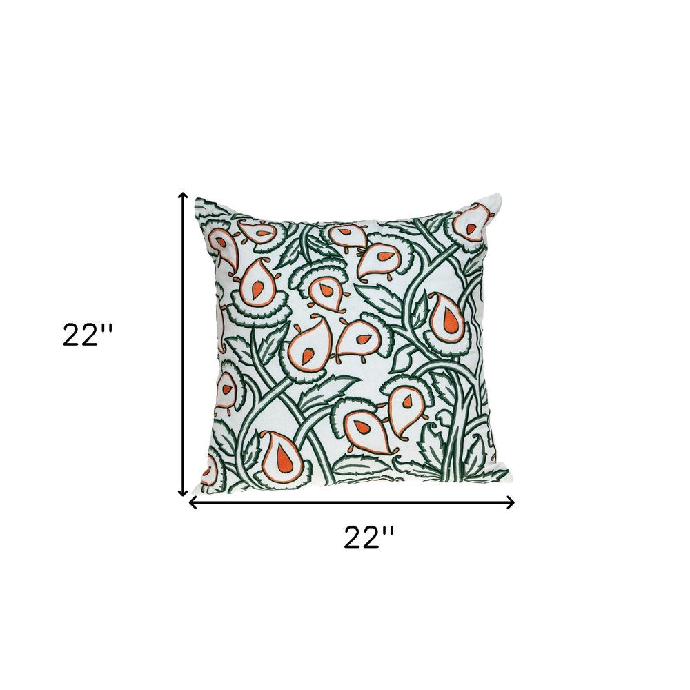22" Green And White Floral Cotton Throw Pillow with Embroidery — view 6