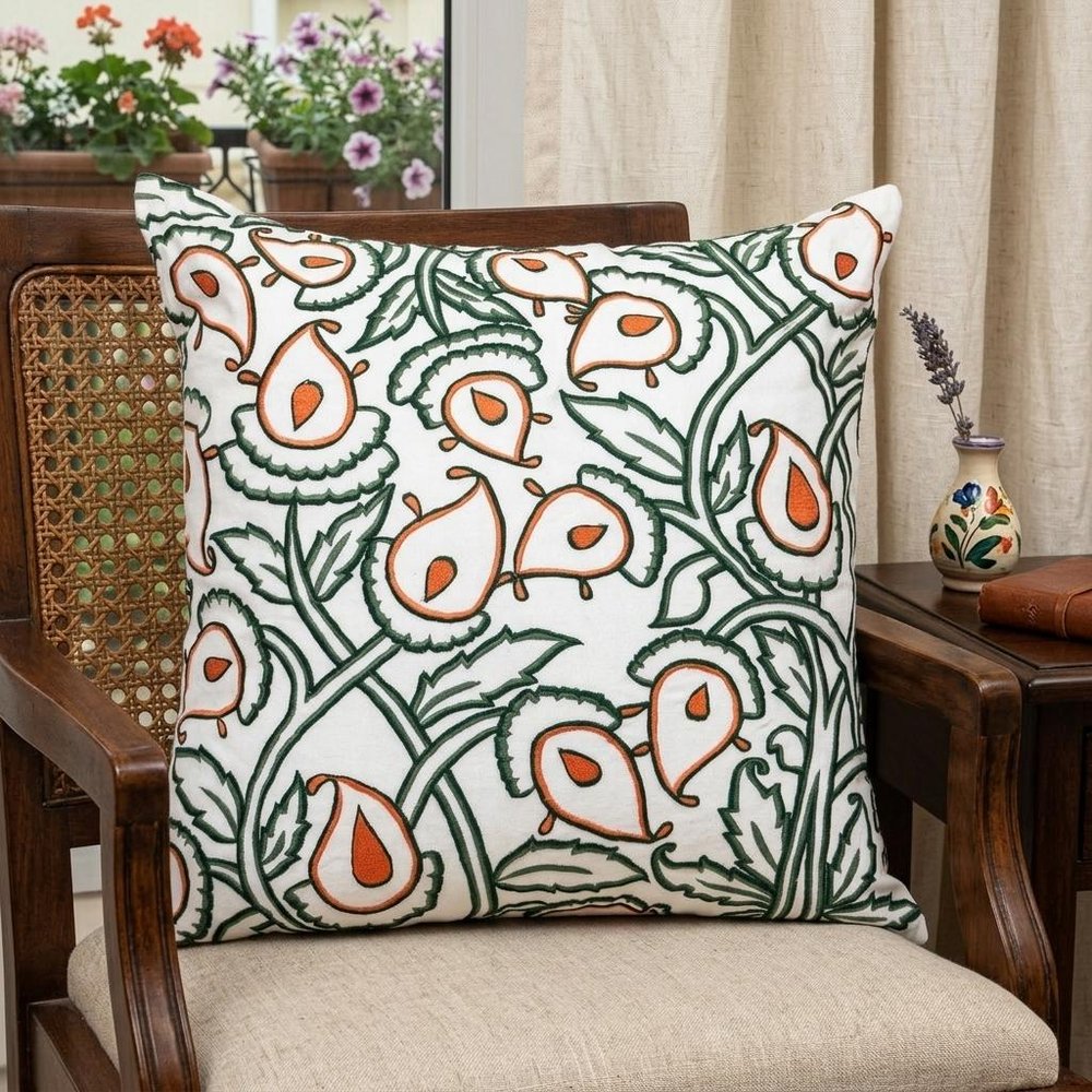 22" Green And White Floral Cotton Throw Pillow with Embroidery — view 7