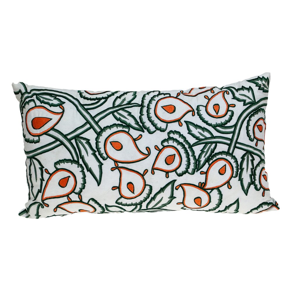 14" X 24" Green and White Cotton Lumbar Throw Pillow with Embroidery — view 1