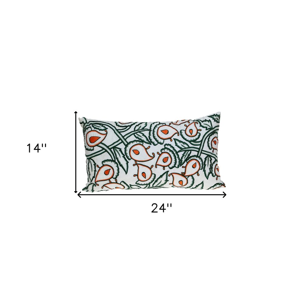 14" X 24" Green and White Cotton Lumbar Throw Pillow with Embroidery — view 6