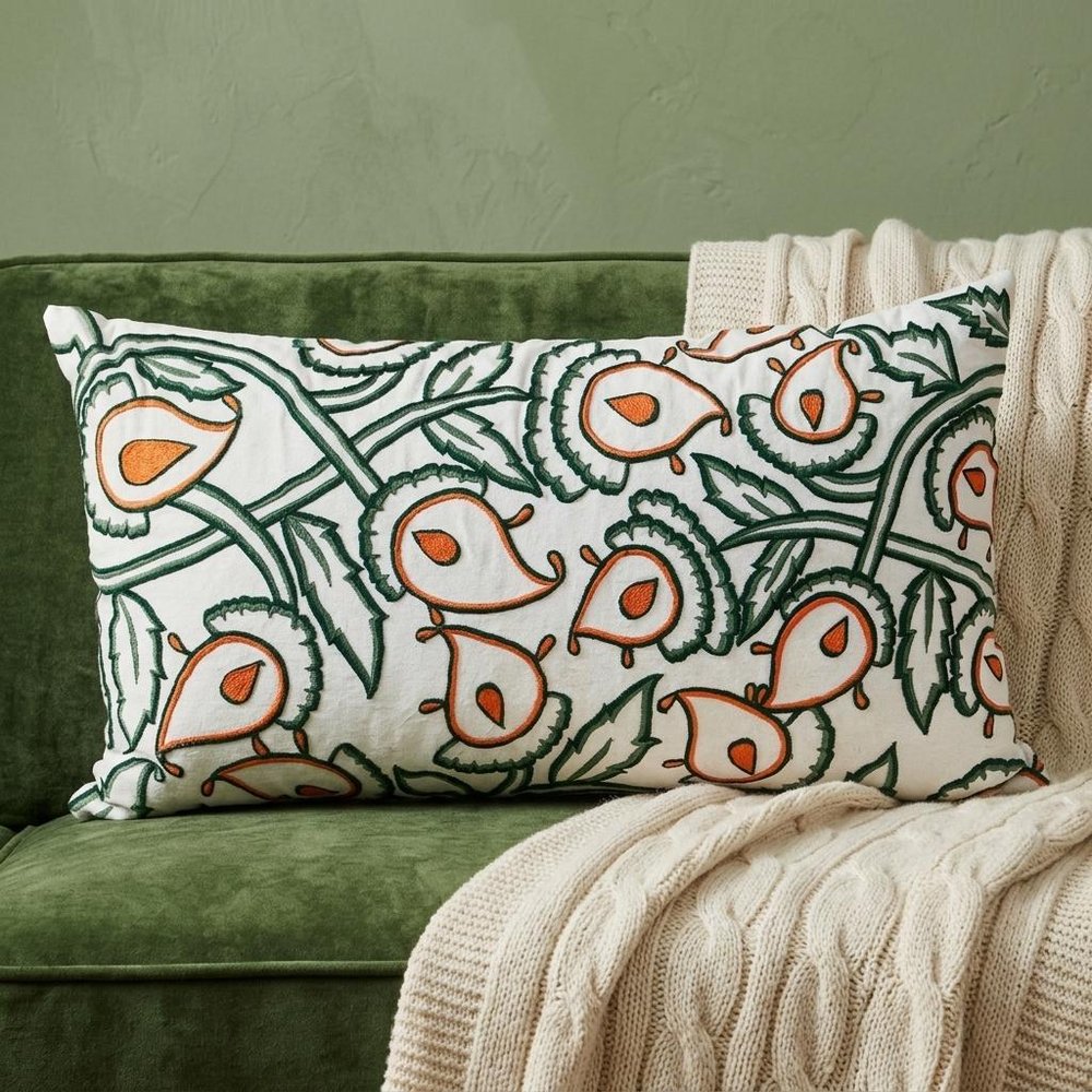 14" X 24" Green and White Cotton Lumbar Throw Pillow with Embroidery — view 7