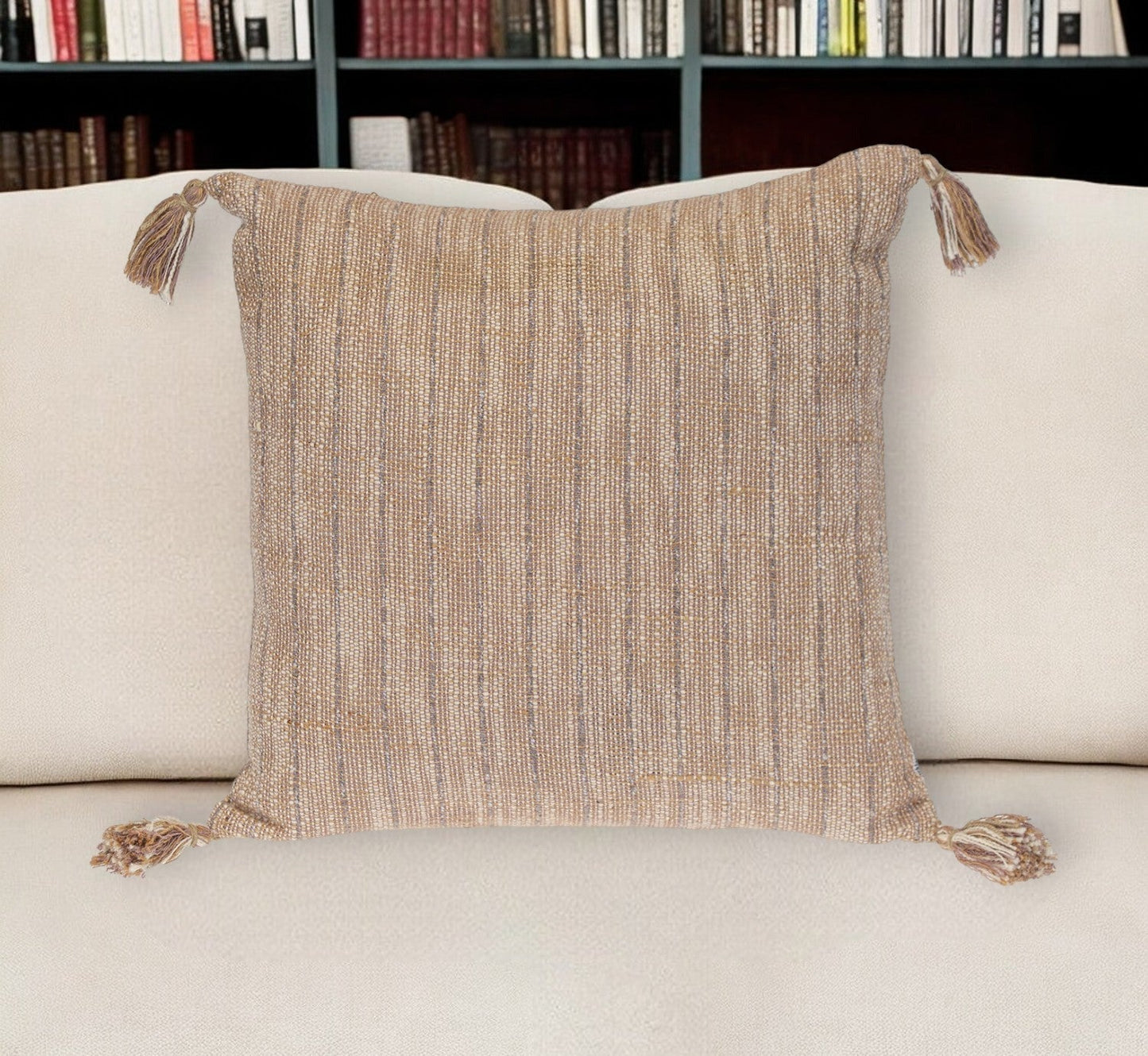 18" Brown and White Striped Cotton Throw Pillow With Tassels FurniFindUSA
