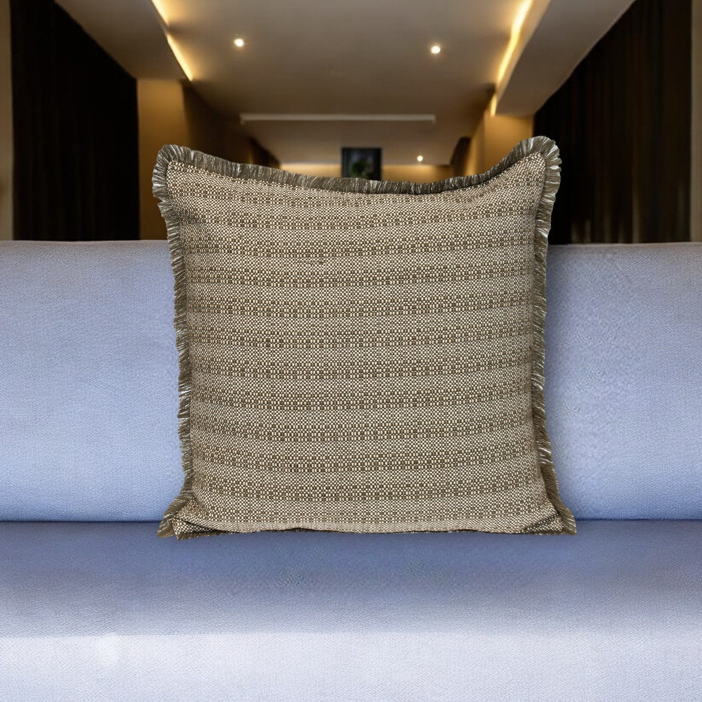 24" Green and White Striped Cotton Throw Pillow With Fringe FurniFindUSA