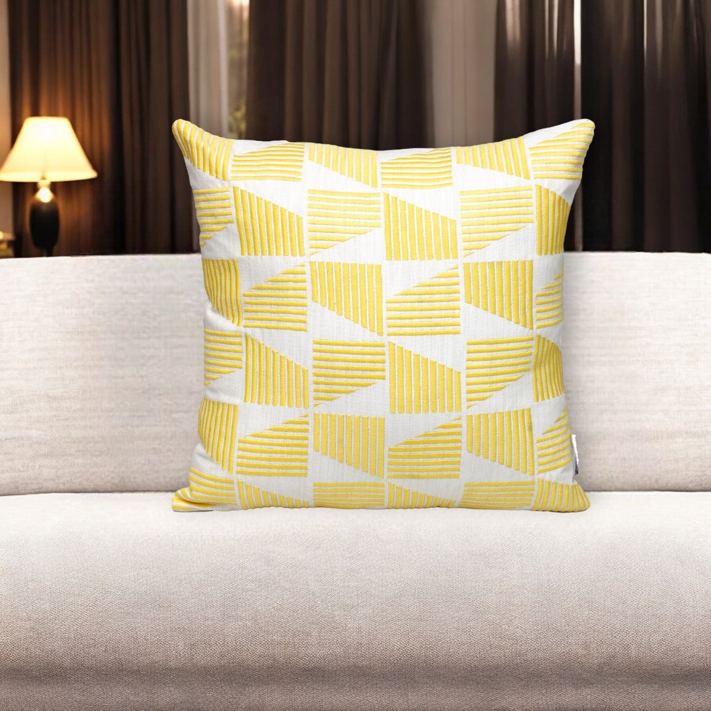 18" Yellow and White Geometric Cotton Throw Pillow With Embroidery FurniFindUSA
