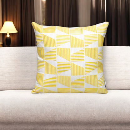 18" Yellow and White Geometric Cotton Throw Pillow With Embroidery FurniFindUSA