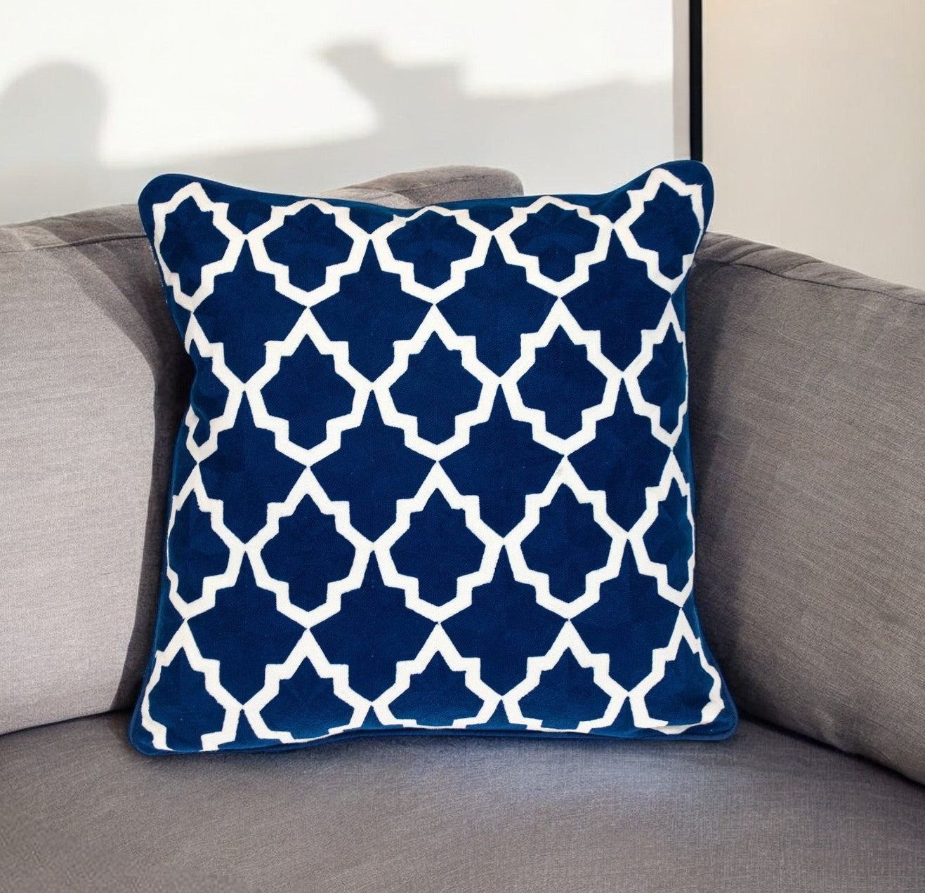 20" Blue and White Geometric Cotton Throw Pillow 0.5" (L) x 20.0" (W) x 20.0" (H)