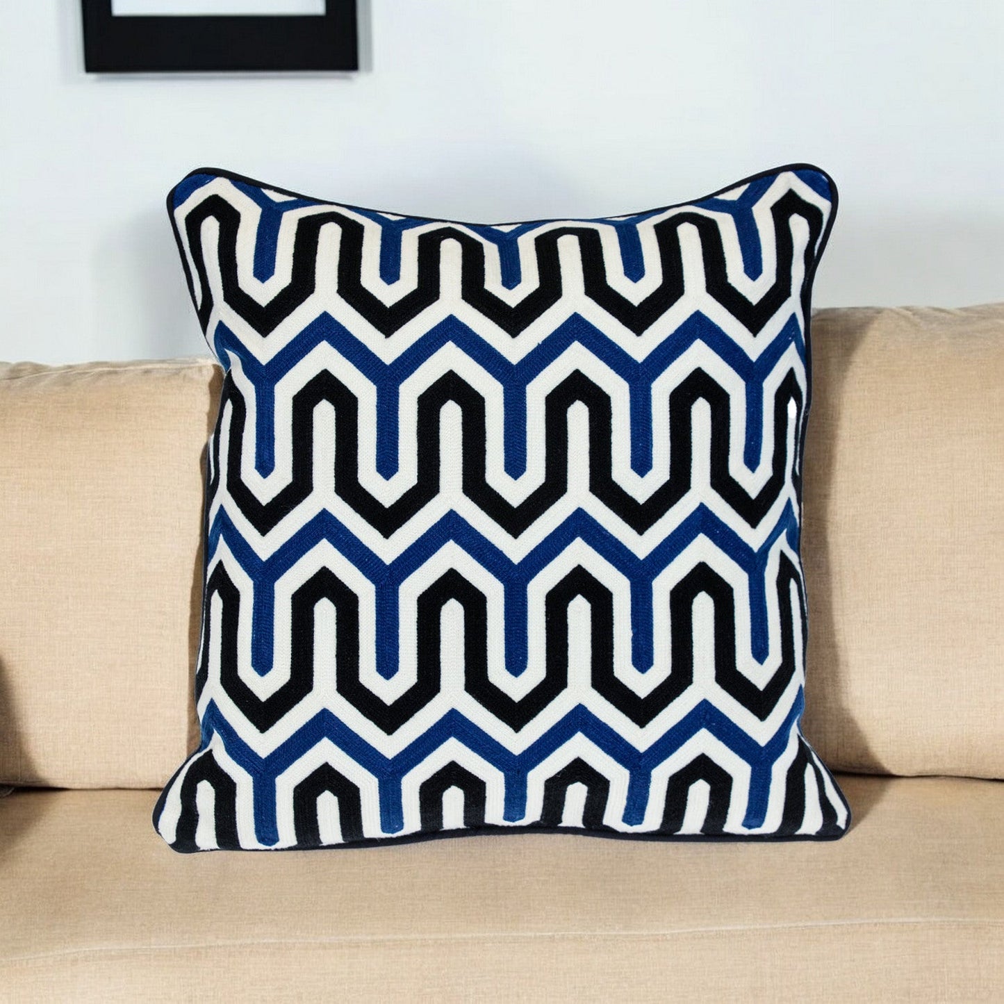 20" X 20" Blue and White Geometric Cotton Zippered Pillow FurniFindUSA
