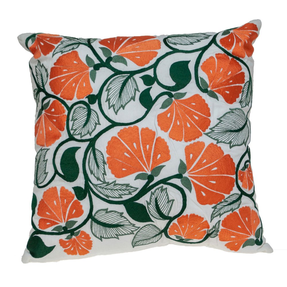 22" Orange And White Floral Cotton Throw Pillow with Embroidery — view 1