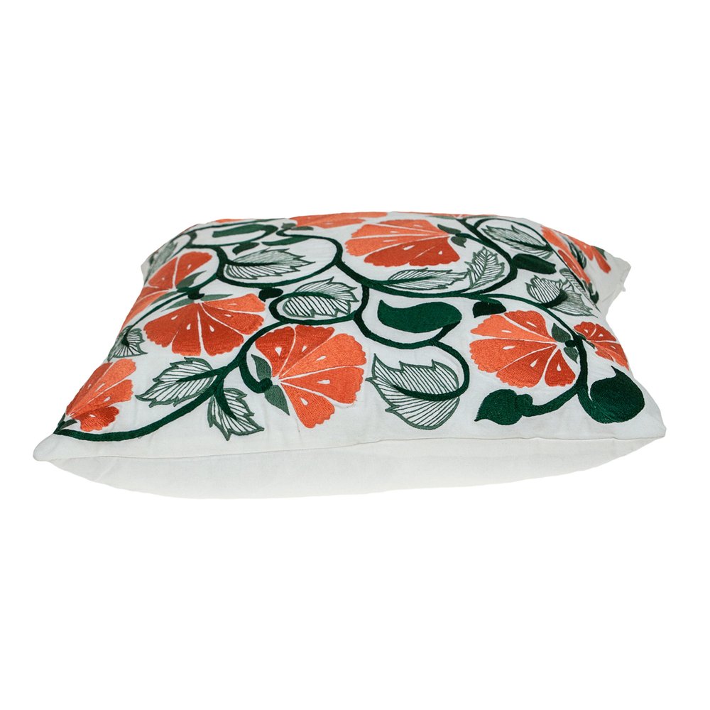 22" Orange And White Floral Cotton Throw Pillow with Embroidery — view 3