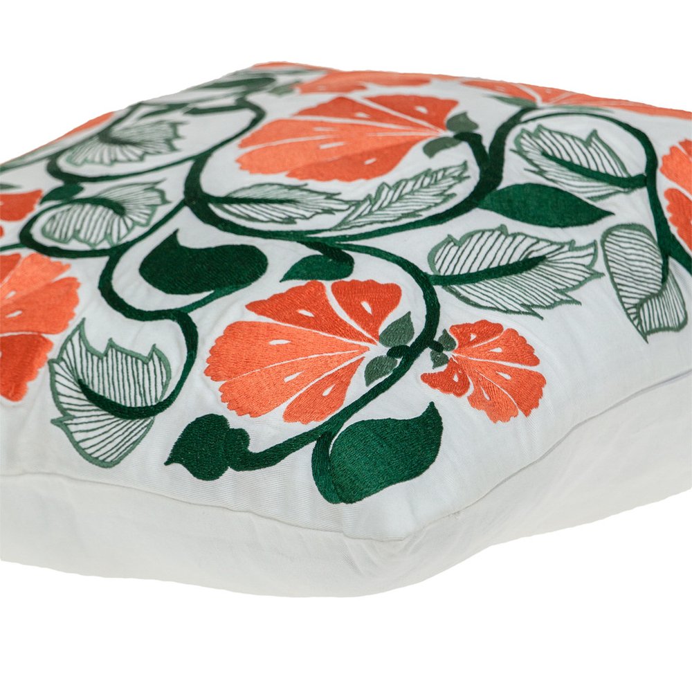 22" Orange And White Floral Cotton Throw Pillow with Embroidery — view 4