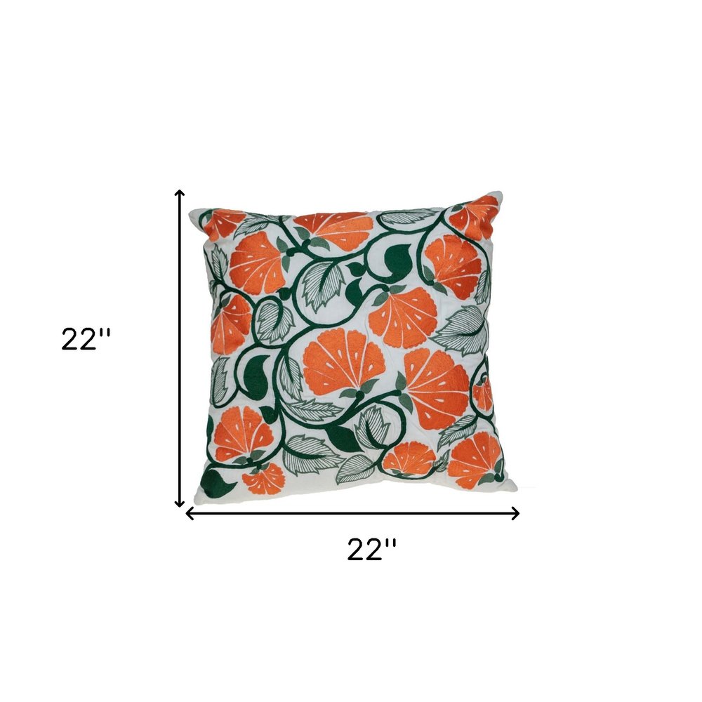 22" Orange And White Floral Cotton Throw Pillow with Embroidery — view 6