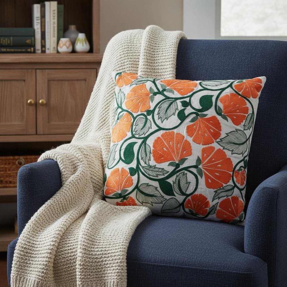 22" Orange And White Floral Cotton Throw Pillow with Embroidery — view 7