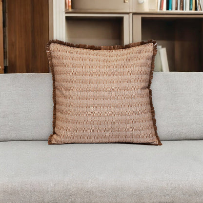 24" Brown and White Striped Cotton Throw Pillow With Fringe FurniFindUSA