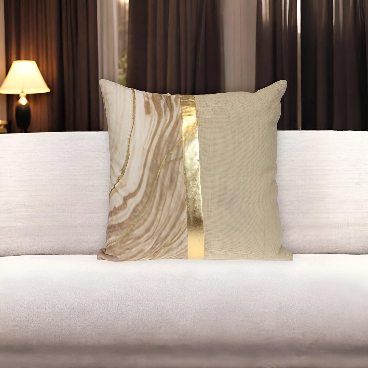 20" Beige and Gold Striped Cotton Blend Throw Pillow FurniFindUSA