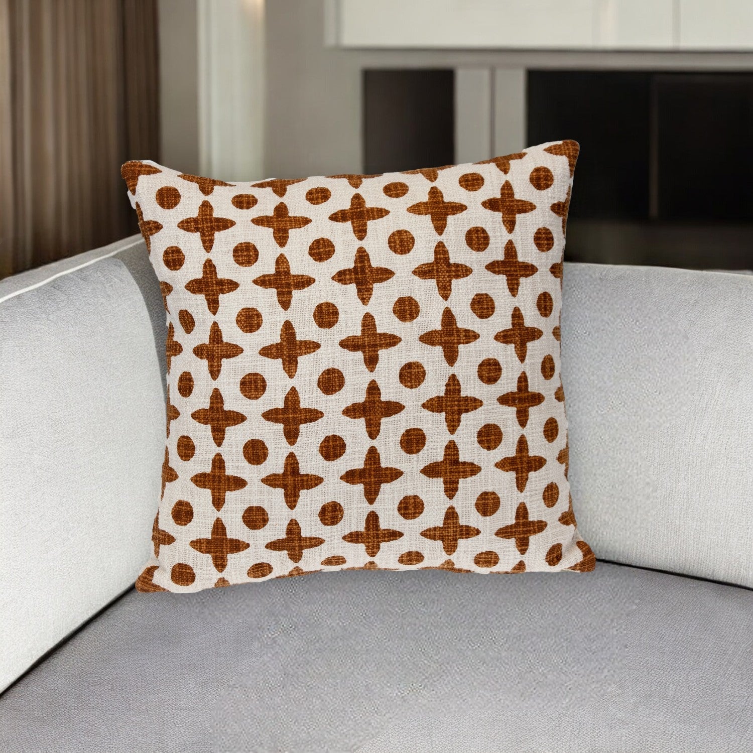 18" Beige and Brown Geometric Cotton Throw Pillow FurniFindUSA