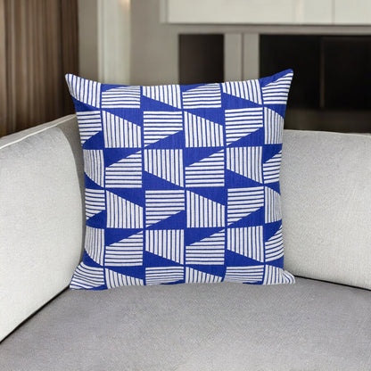 18" Blue and White Geometric Cotton Throw Pillow With Embroidery FurniFindUSA