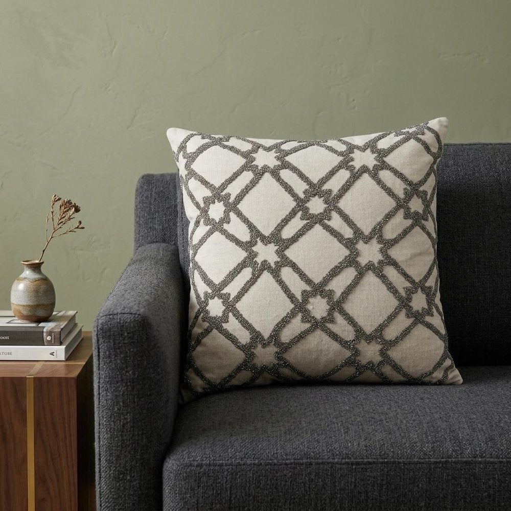 20" Beige and Gray Diamond Cotton Throw Pillow With Embroidery — view 9