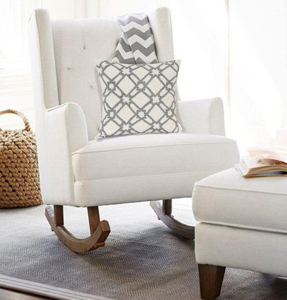 20" Beige and Gray Diamond Cotton Throw Pillow With Embroidery — view 2