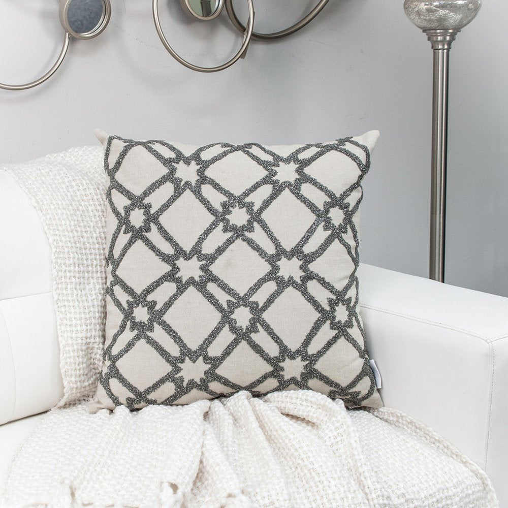 20" Beige and Gray Diamond Cotton Throw Pillow With Embroidery — view 7