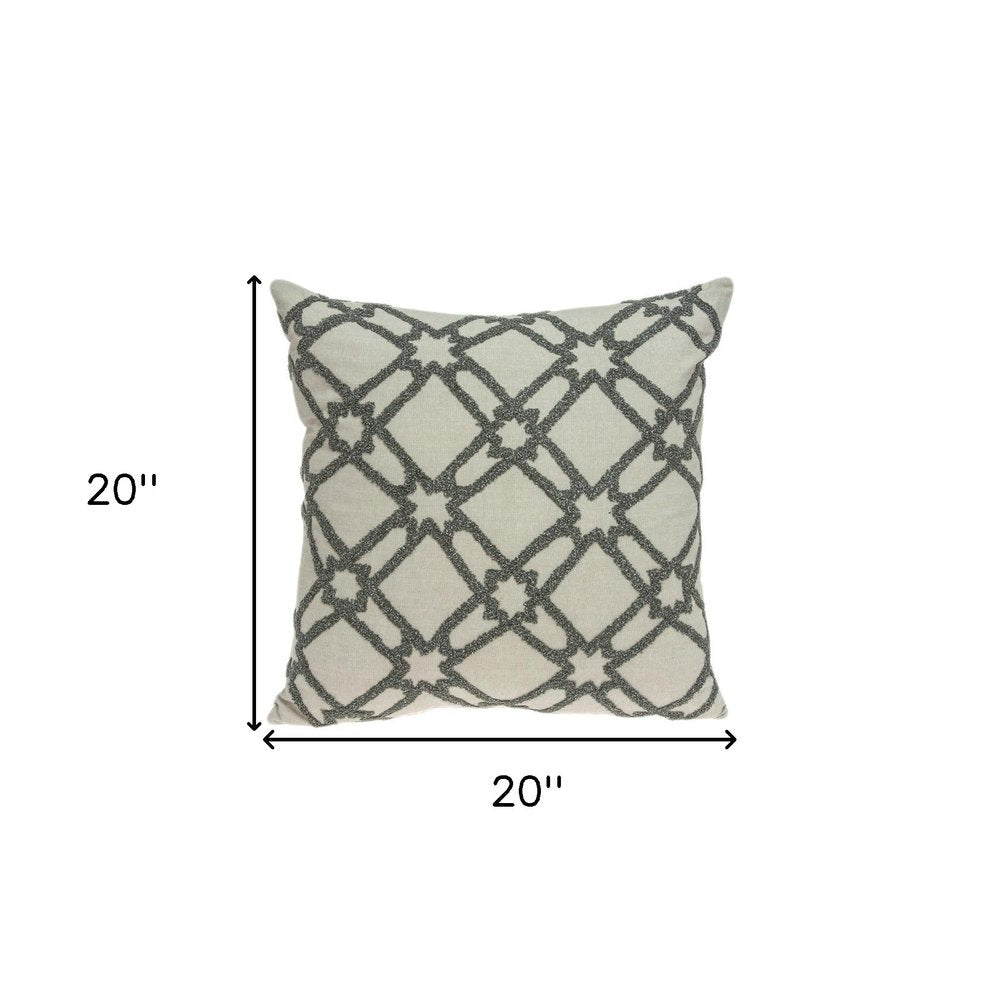 20" Beige and Gray Diamond Cotton Throw Pillow With Embroidery — view 8
