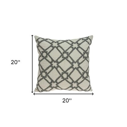 20" Beige and Gray Diamond Cotton Throw Pillow With Embroidery