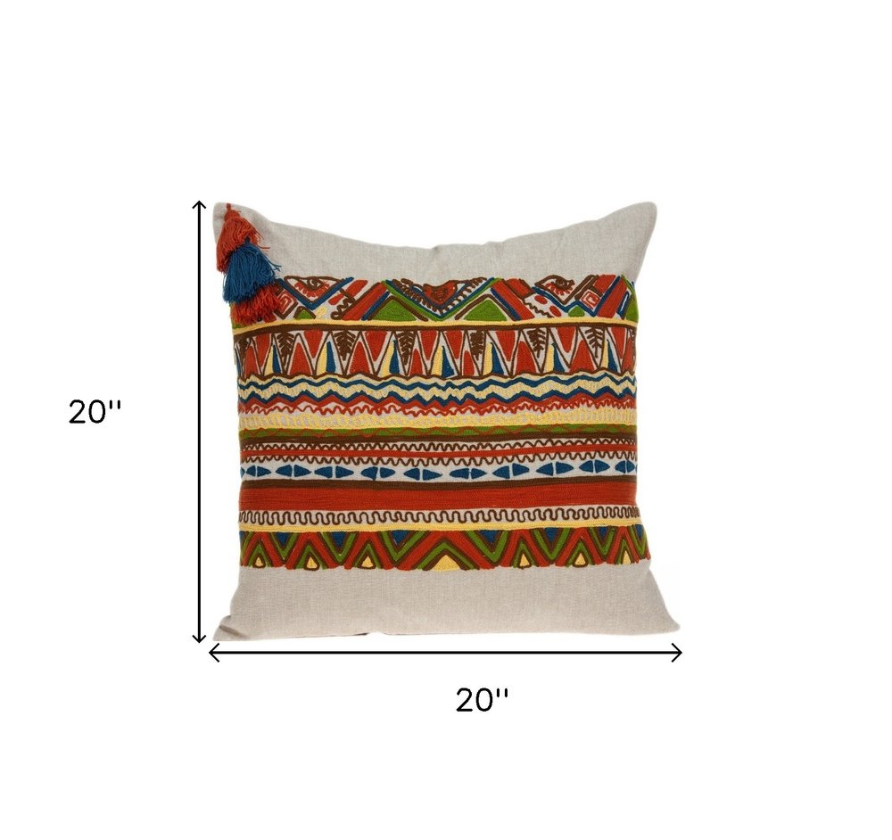 20" Beige and Orange Striped Cotton Blend Throw Pillow With Embroidery — view 7