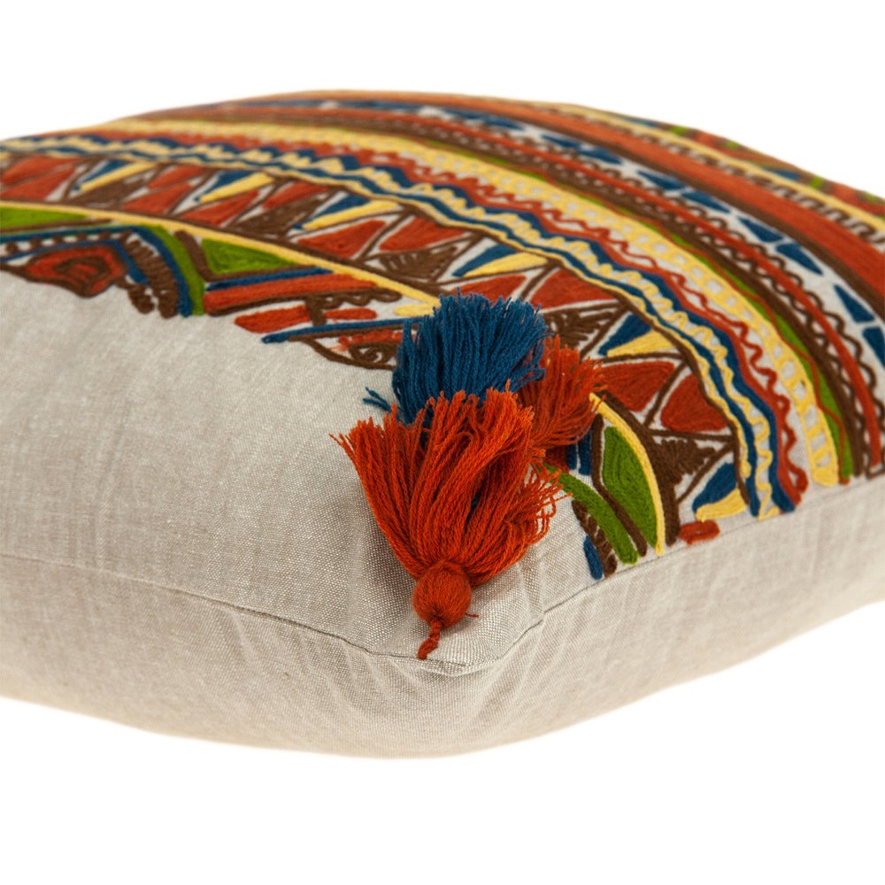 20" Beige and Orange Striped Cotton Blend Throw Pillow With Embroidery — view 4