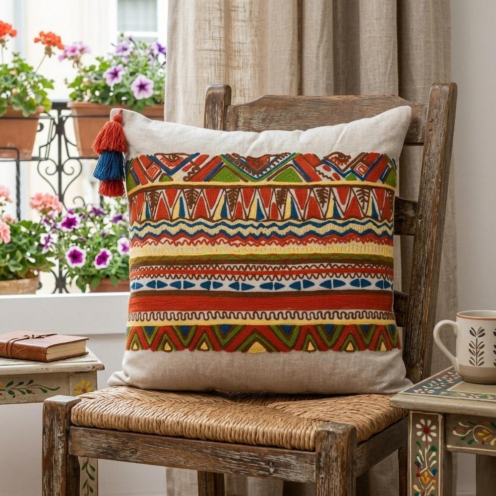 20" Beige and Orange Striped Cotton Blend Throw Pillow With Embroidery — view 9