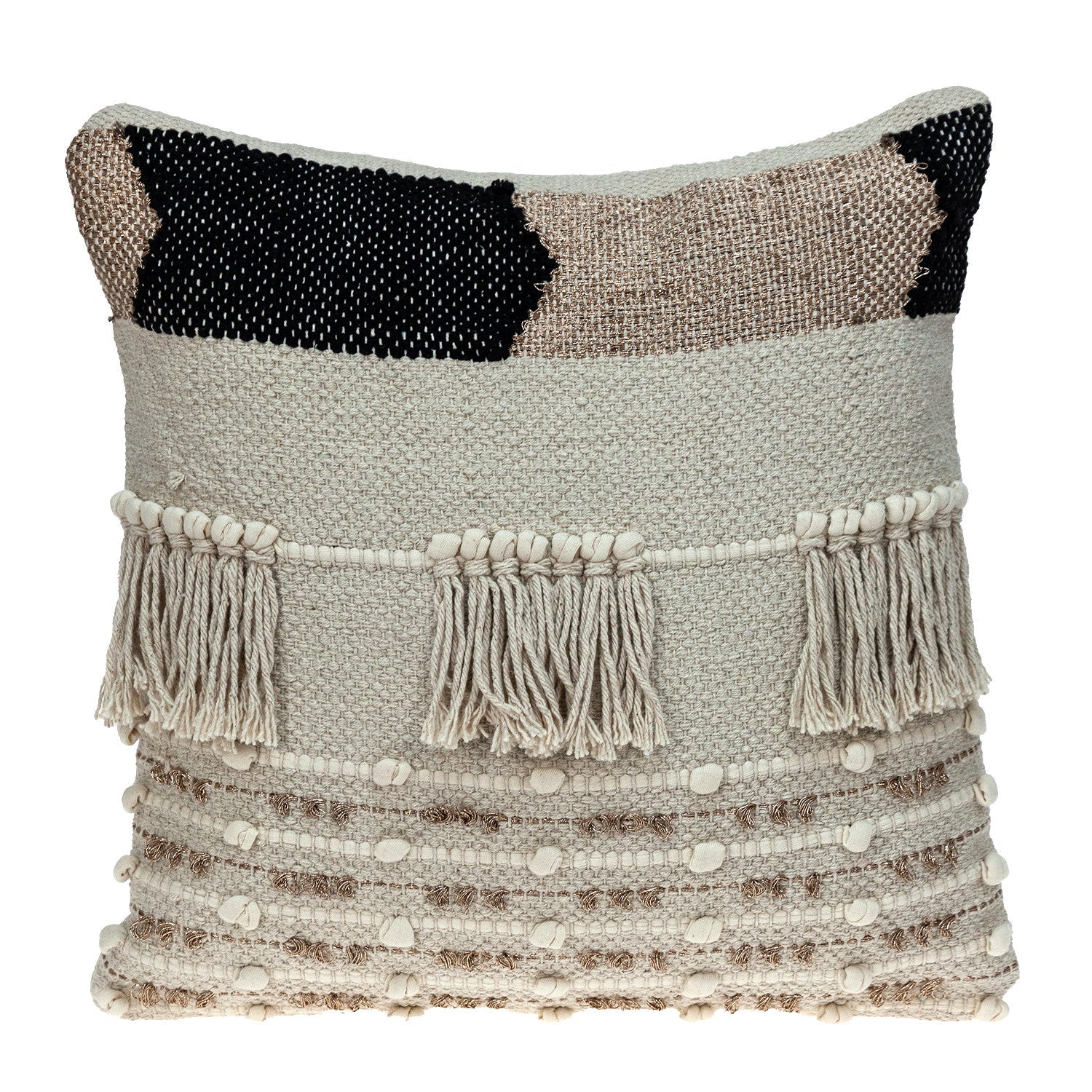 18" Beige and Gold Striped Cotton Blend Throw Pillow With Fringe FurniFindUSA