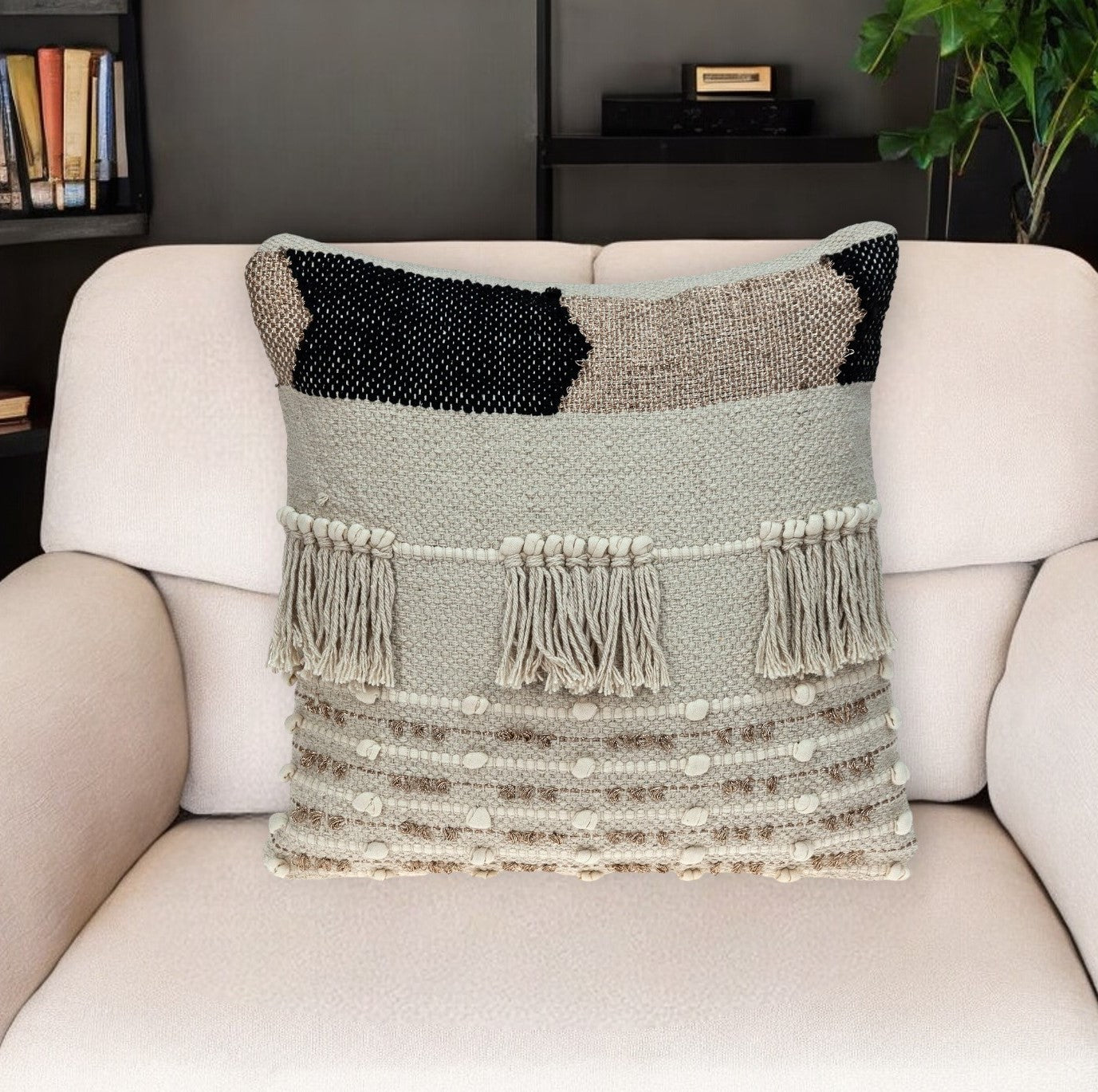 18" Beige and Gold Striped Cotton Blend Throw Pillow With Fringe FurniFindUSA