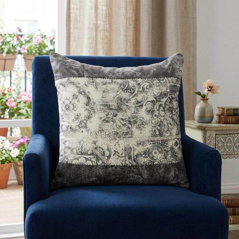 20" Beige And Gray Damask Cotton Throw Pillow — view 8