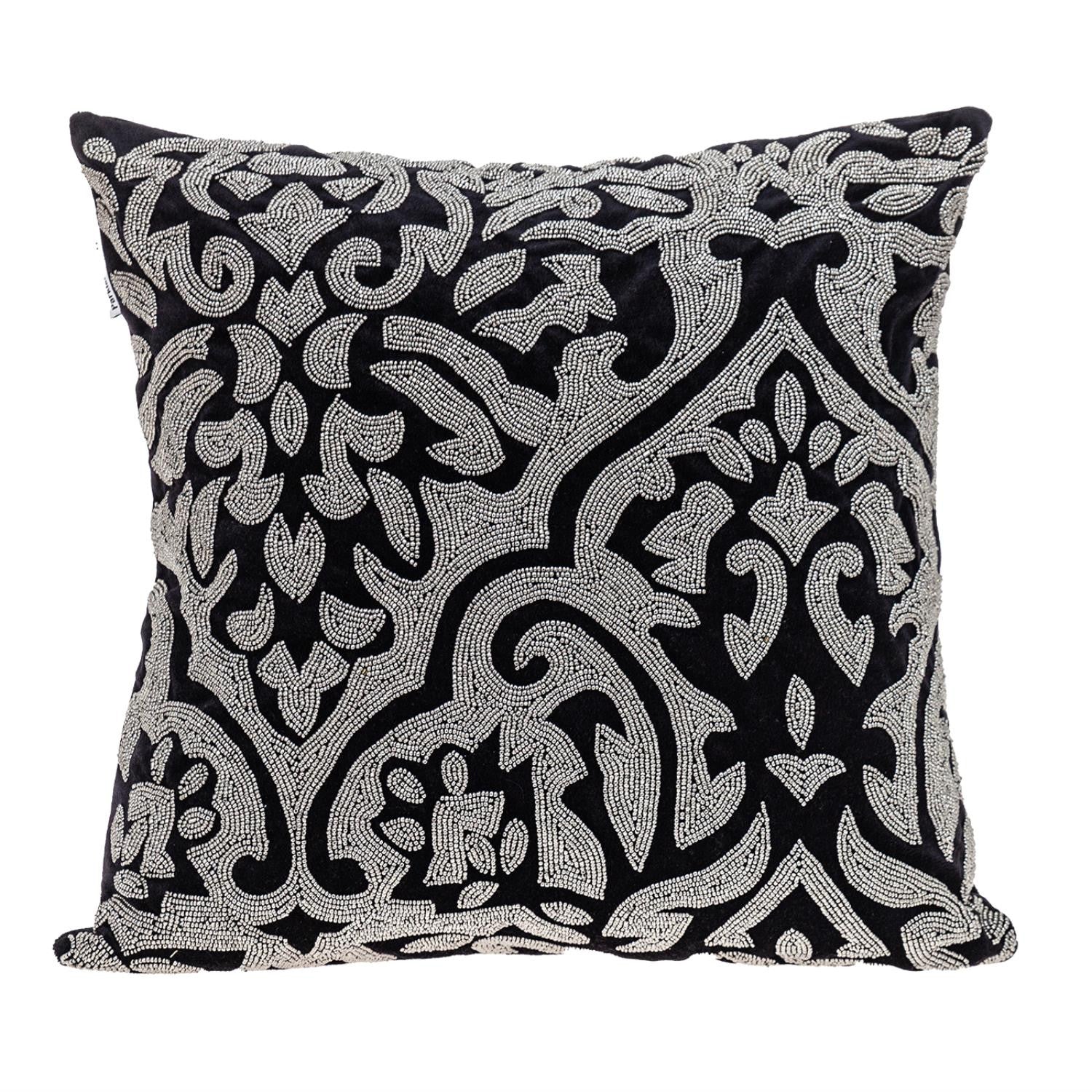 18" Black and Silver Damask Velvet Throw Pillow With Beads FurniFindUSA