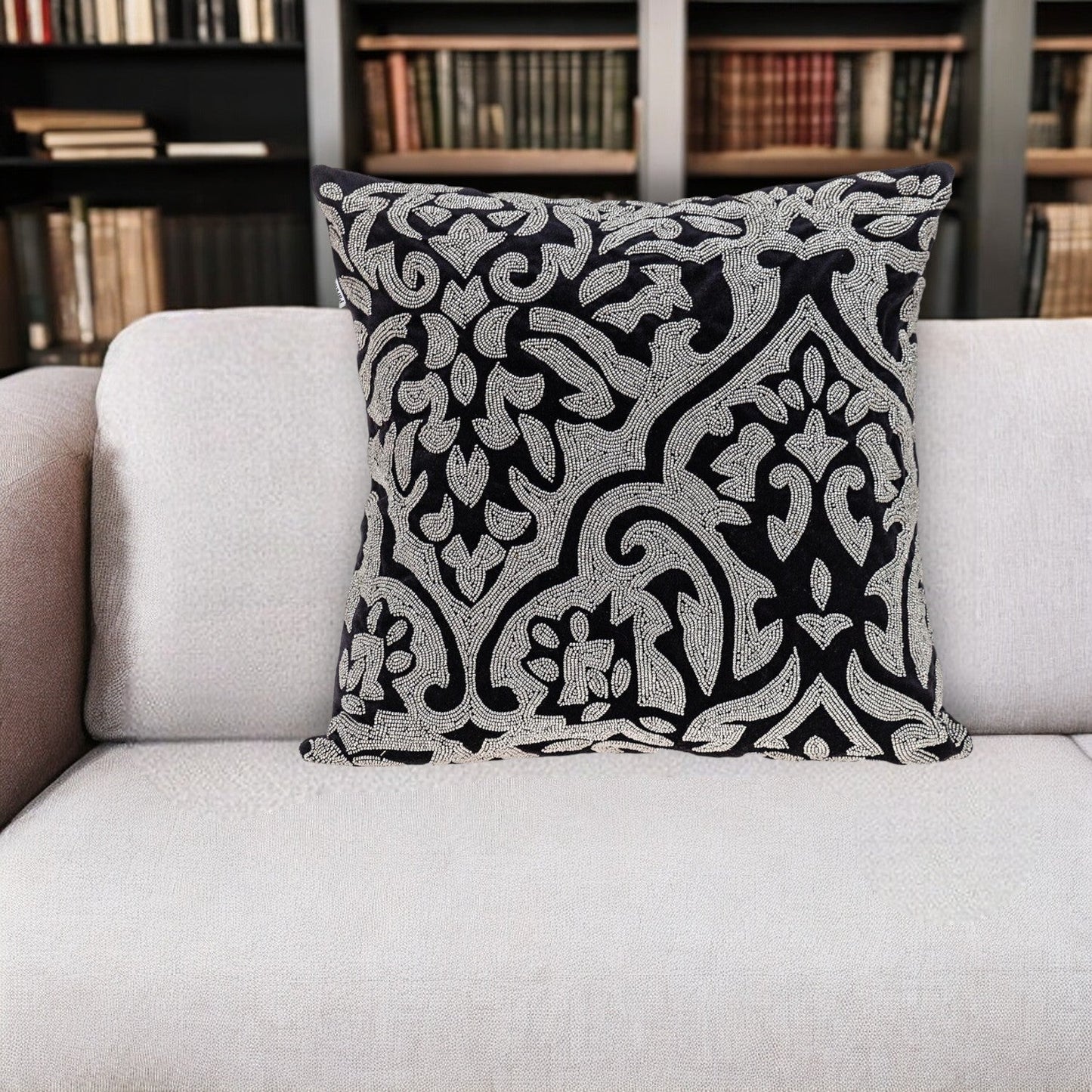18" Black and Silver Damask Velvet Throw Pillow With Beads FurniFindUSA