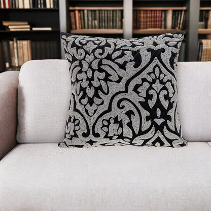 18" Black and Silver Damask Velvet Throw Pillow With Beads FurniFindUSA