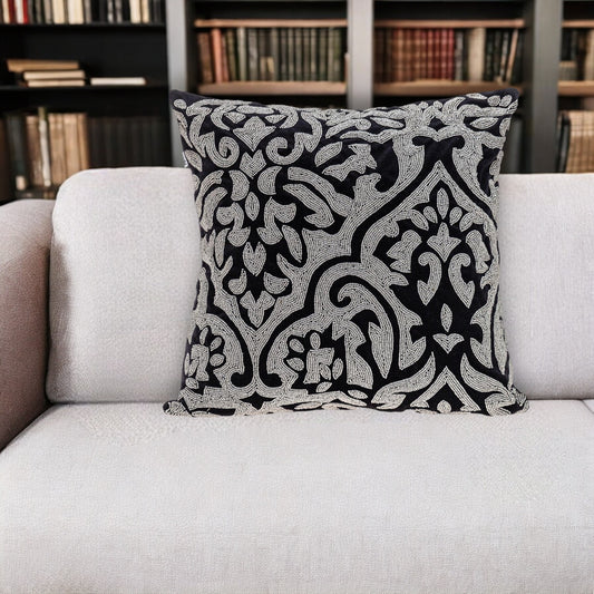 18" Black and Silver Damask Velvet Throw Pillow With Beads