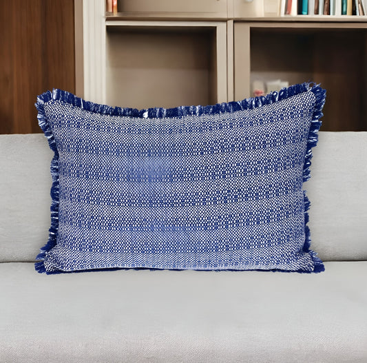 14" X 20" Blue and White Striped Cotton Throw Pillow With Fringe