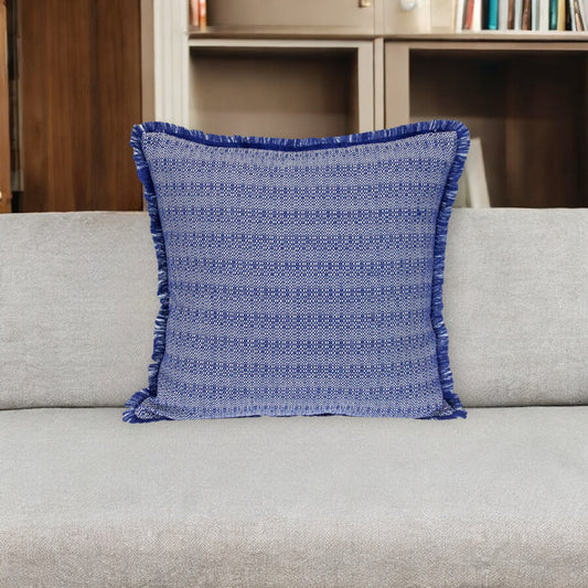 24" Blue and White Striped Cotton Throw Pillow With Fringe