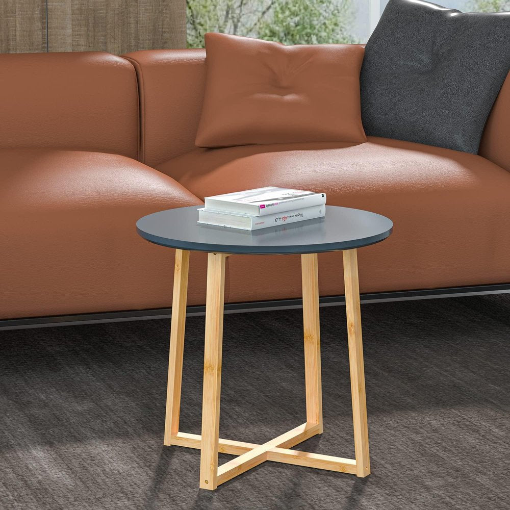 20" Gray and Natural Solid Wood Round Cross Legs End Table HomeRoots