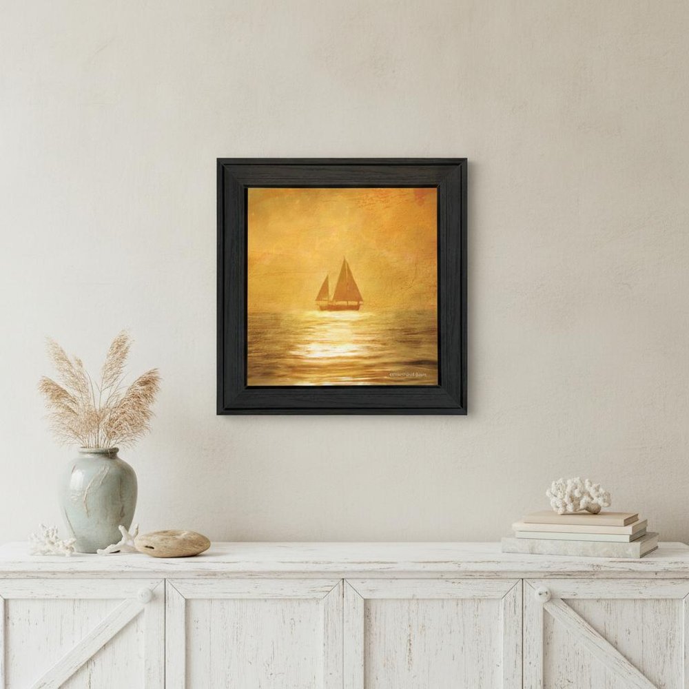Solo Gold Sunset Sailboat Black Framed Print Wall Art — view 8