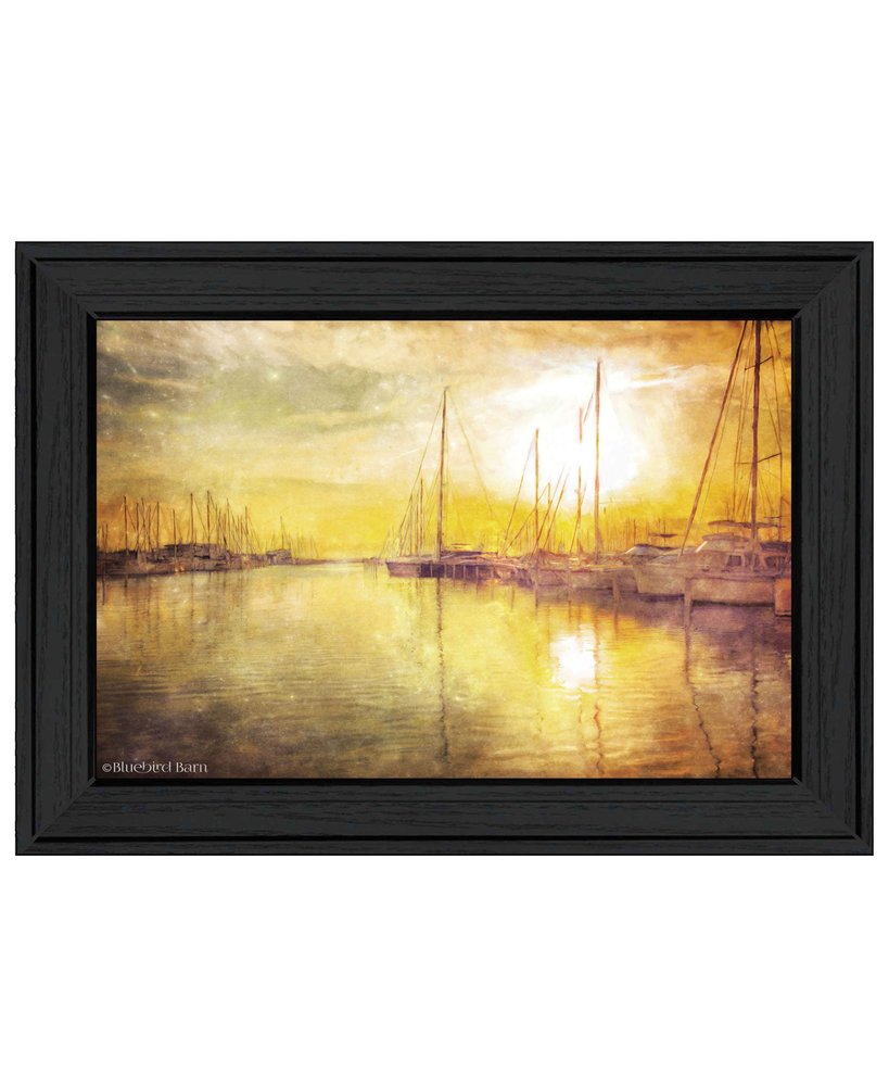 Yellow Sunset Boats In Marina Black Framed Print Wall Art — view 1