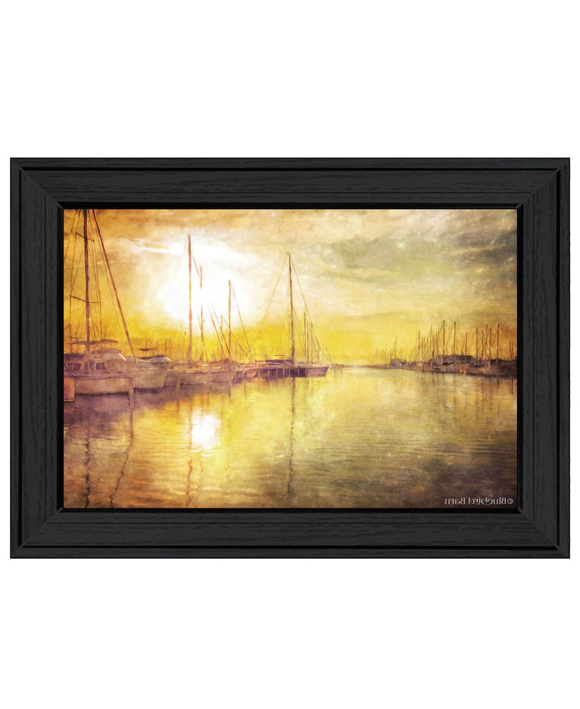 Yellow Sunset Boats In Marina Black Framed Print Wall Art — view 4