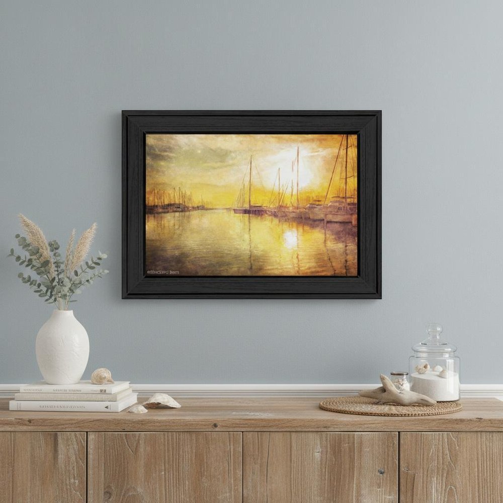 Yellow Sunset Boats In Marina Black Framed Print Wall Art — view 5