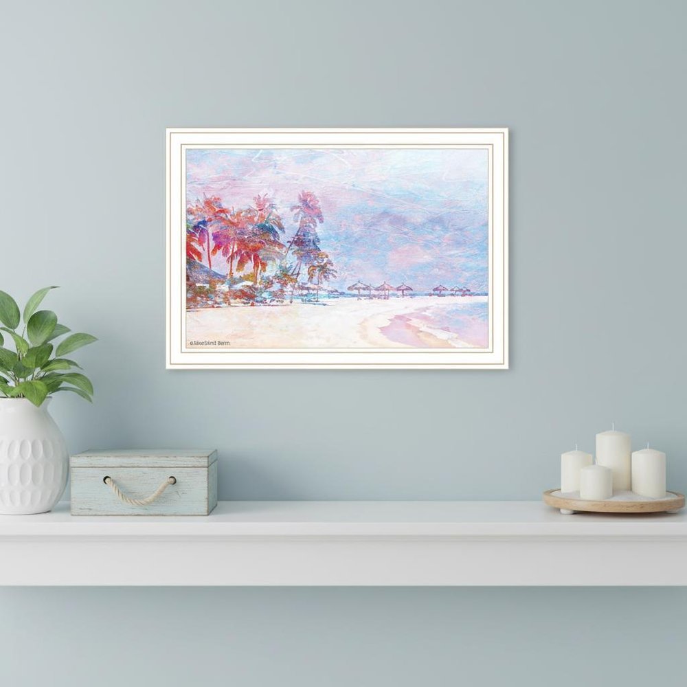 Rainbow Bright Sandy Beach with Umbrellas White Framed Print Wall Art — view 1
