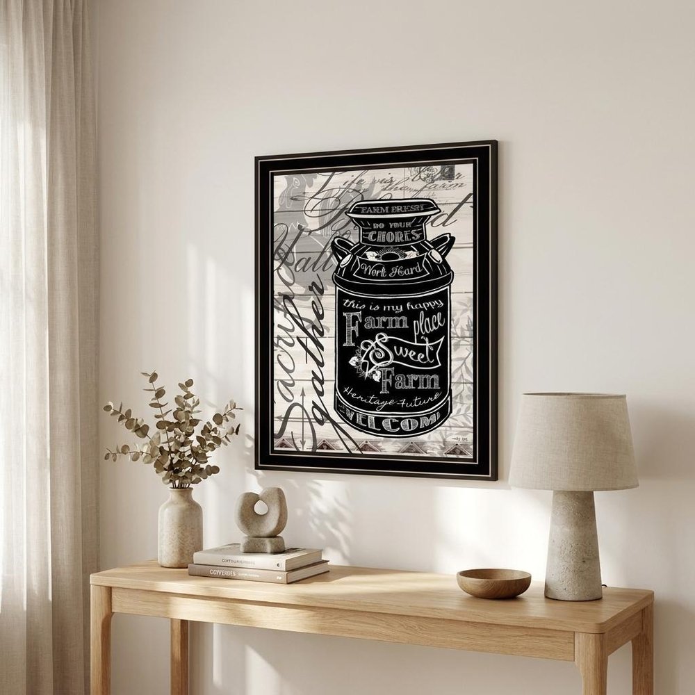FARM SWEET FARM MILK CAN Black Framed Print Wall Art — view 1