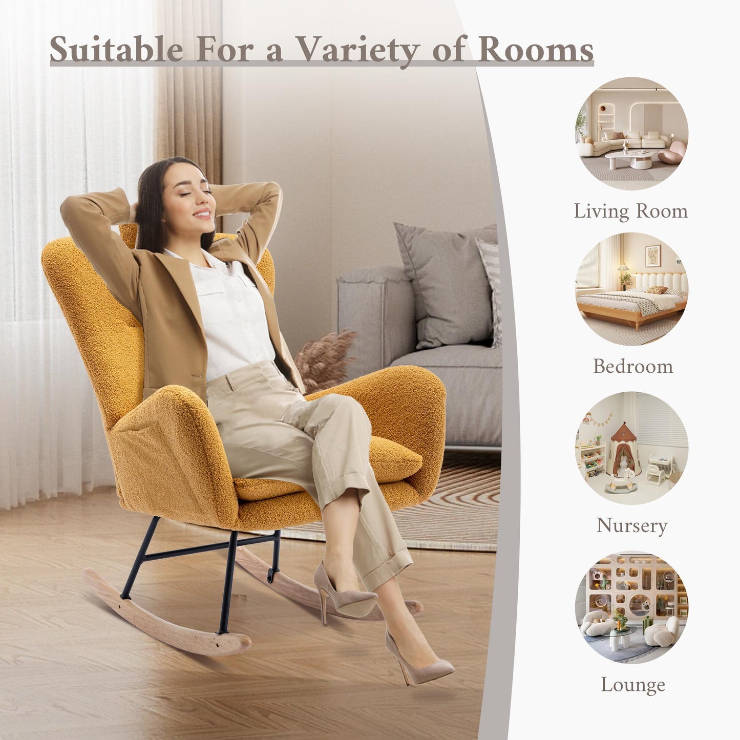 35.5 inch Rocking Chair with Pocket, Soft Teddy Fabric Rocking Chair for Nursery, Comfy Wingback Glider Rocker with Safe Solid Wood Base for Living Ro - FurniFindUSA