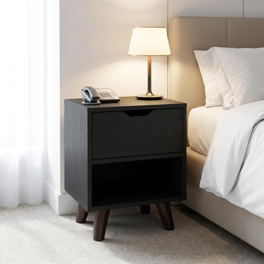 19" Black Wood One Drawer Nightstand HomeRoots