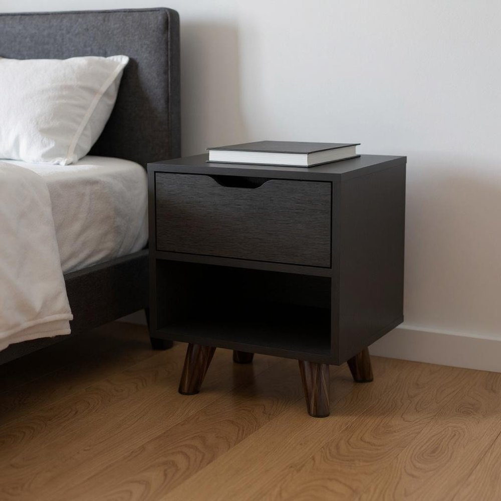 19" Black Wood One Drawer Nightstand — view 6