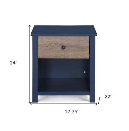 24" Blue Solid Wood and Wood One Drawer Nightstand